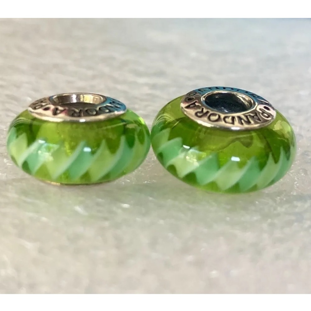 Pandora 925 Sterling Silver Green Murano Glass Charm (PAIR) - Picture 3 of 6